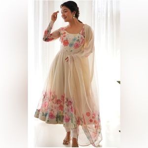 Floral Print Silk Anarkali Kurta with Trousers and Dupatta